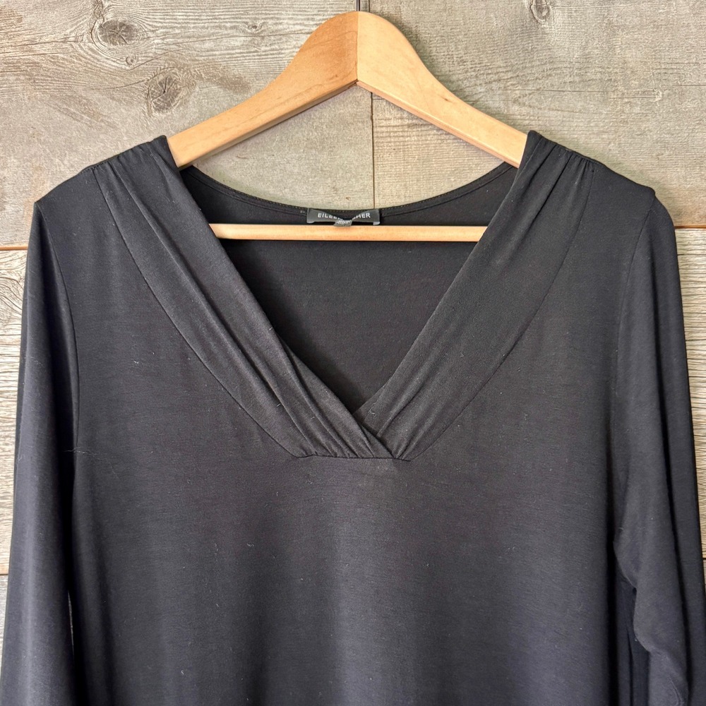 Eileen Fisher V-Neck Jersey Knit Long Sleeve Dress L Black Minimalist Capsule